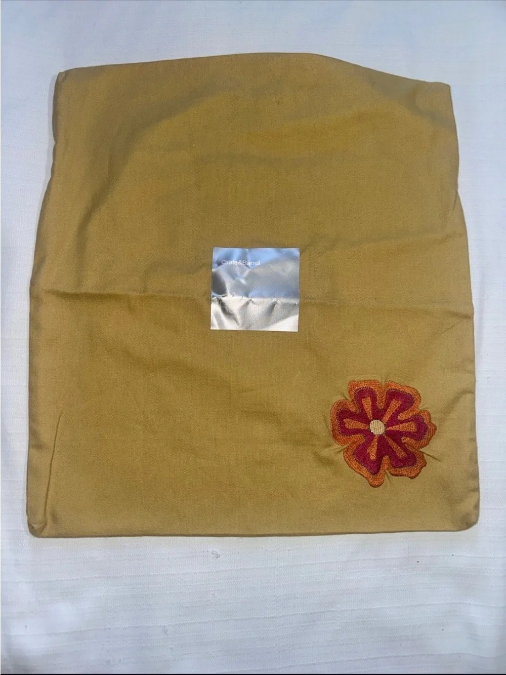 Crate & Barrel Cotton Pillow Cover Yellow Gold Embroidered Flower New 16x14